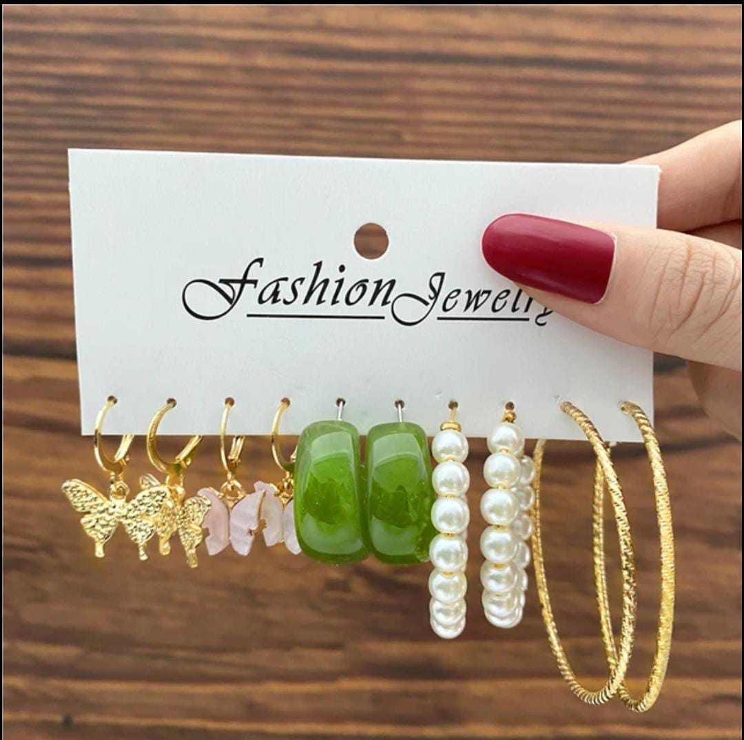 Stylish Trendy Cute Butterfly Green Golden Pearl Hoop Earrings Set of 5 Pairs For Women