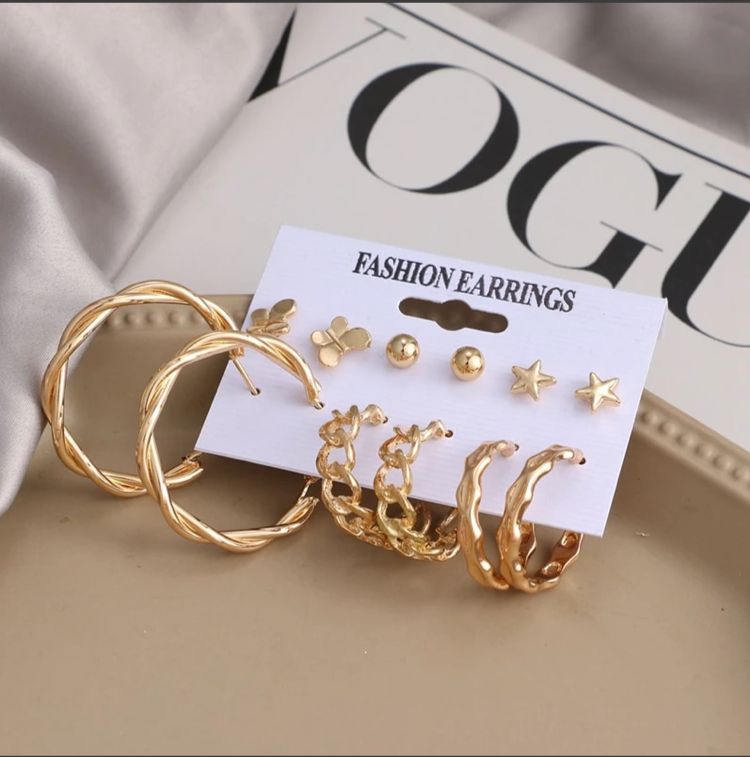Stylish Golden Hoops Studs Earrings Set of 6 Pairs For Women