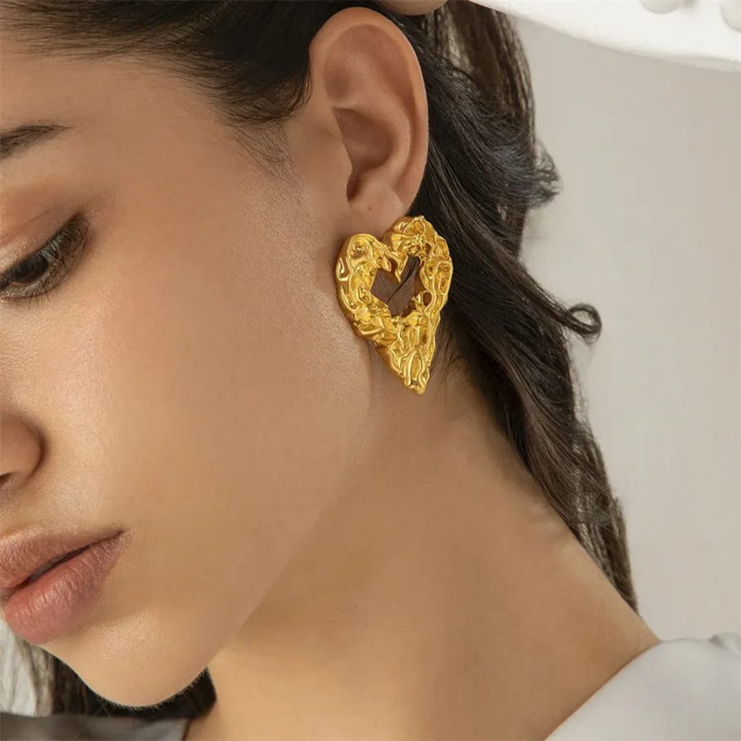 Yu Fashions Heart Melted Lava Texture Geometrical Water Resistant Golden High Fashion Korean Statement Earring