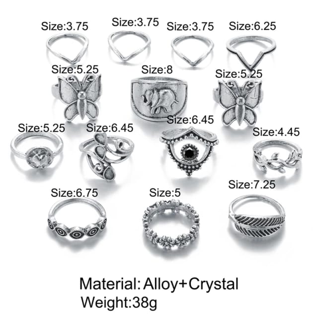 Yu Fashions Butterfly Tribal Ring Set of 14
