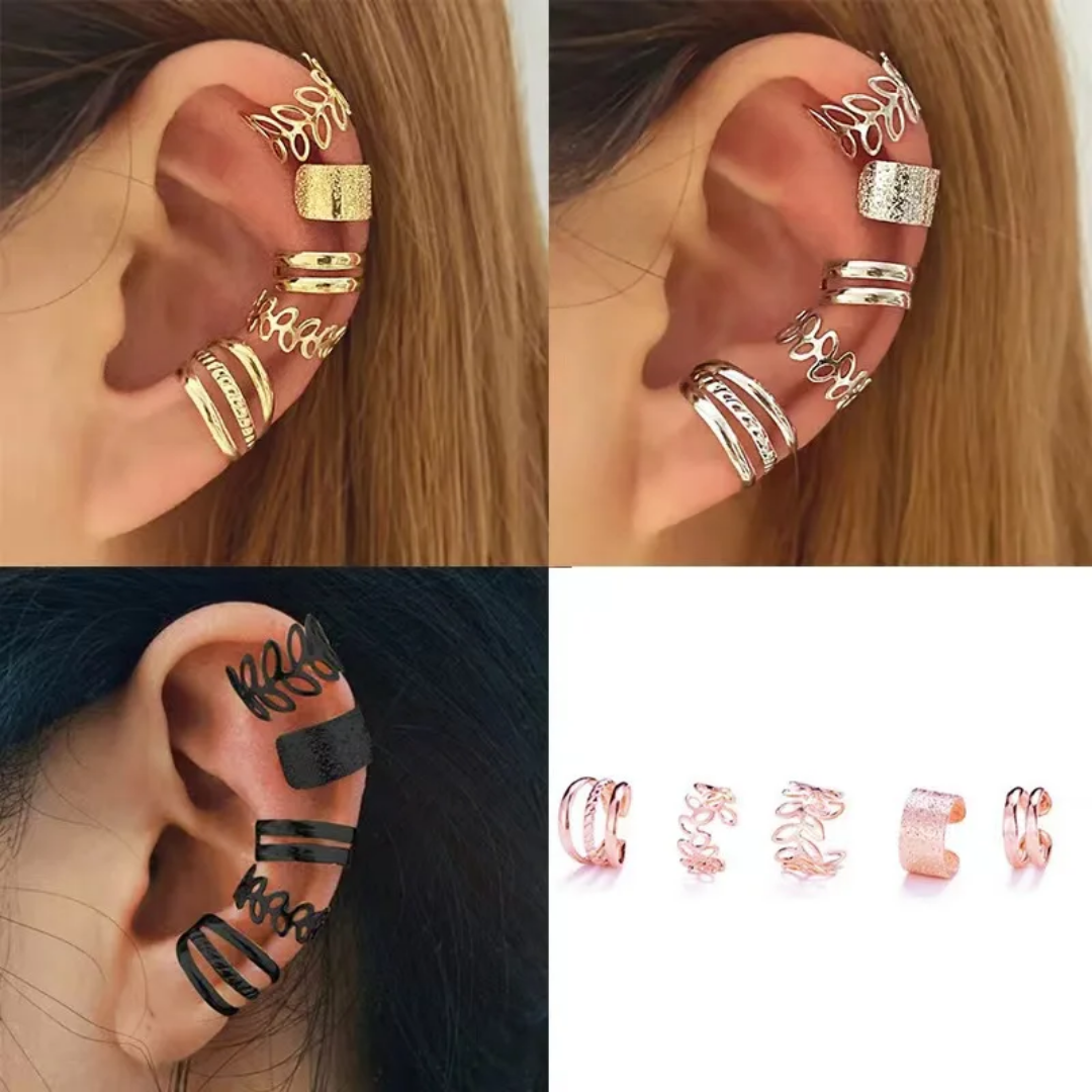 YU Fashions Leaves Non Piercing 5 piece of C - Shaped Earring Hollow Multilayered Clip on Hoop Cartilage Ear clip Ear cuff