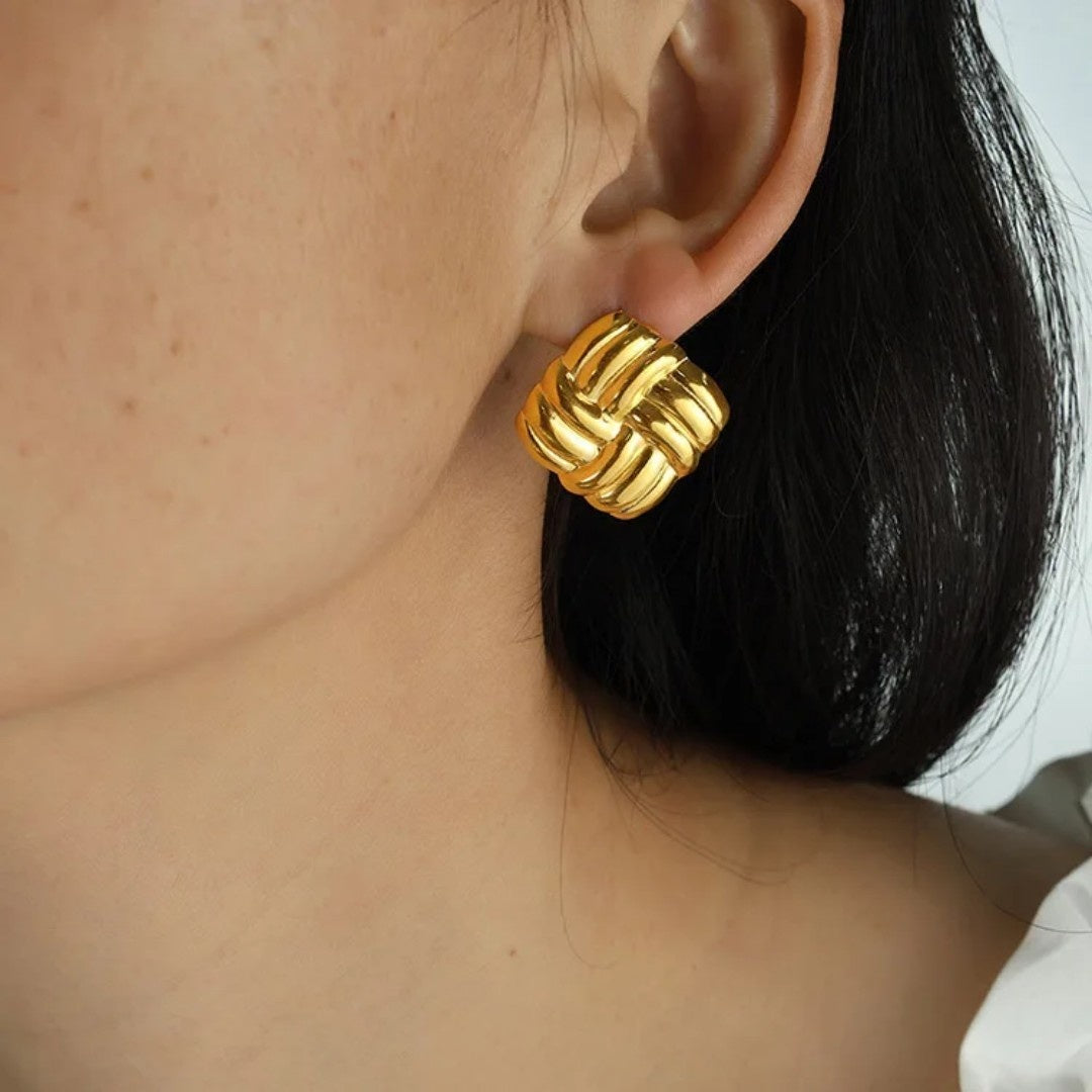 YU Fashions Basket weave Geometric Square Knot Twisted Texture Vintage Chunky Korean Earrings