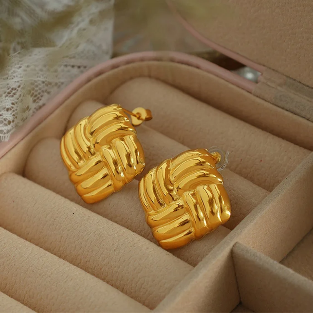YU Fashions Basket weave Geometric Square Knot Twisted Texture Vintage Chunky Korean Earrings