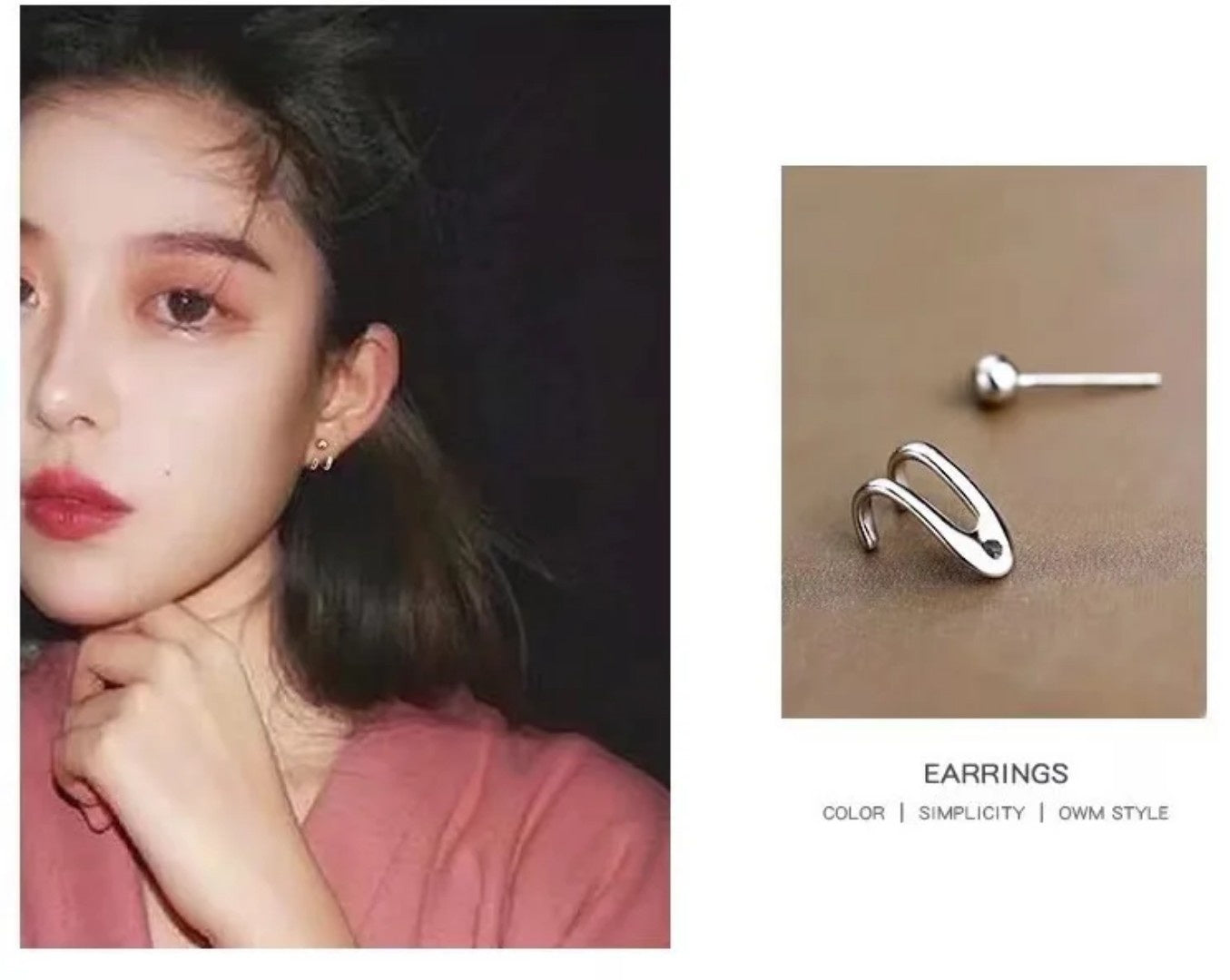 YU Fashions Needle Hanging Double Hook Line Light Bead C Shaped Silver Geometric Joker Neutral Celebrity Inspired Korean earrings Pair