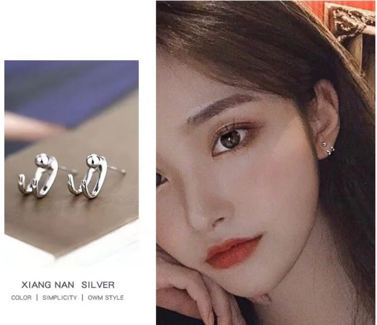 YU Fashions Needle Hanging Double Hook Line Light Bead C Shaped Silver Geometric Joker Neutral Celebrity Inspired Korean earrings Pair