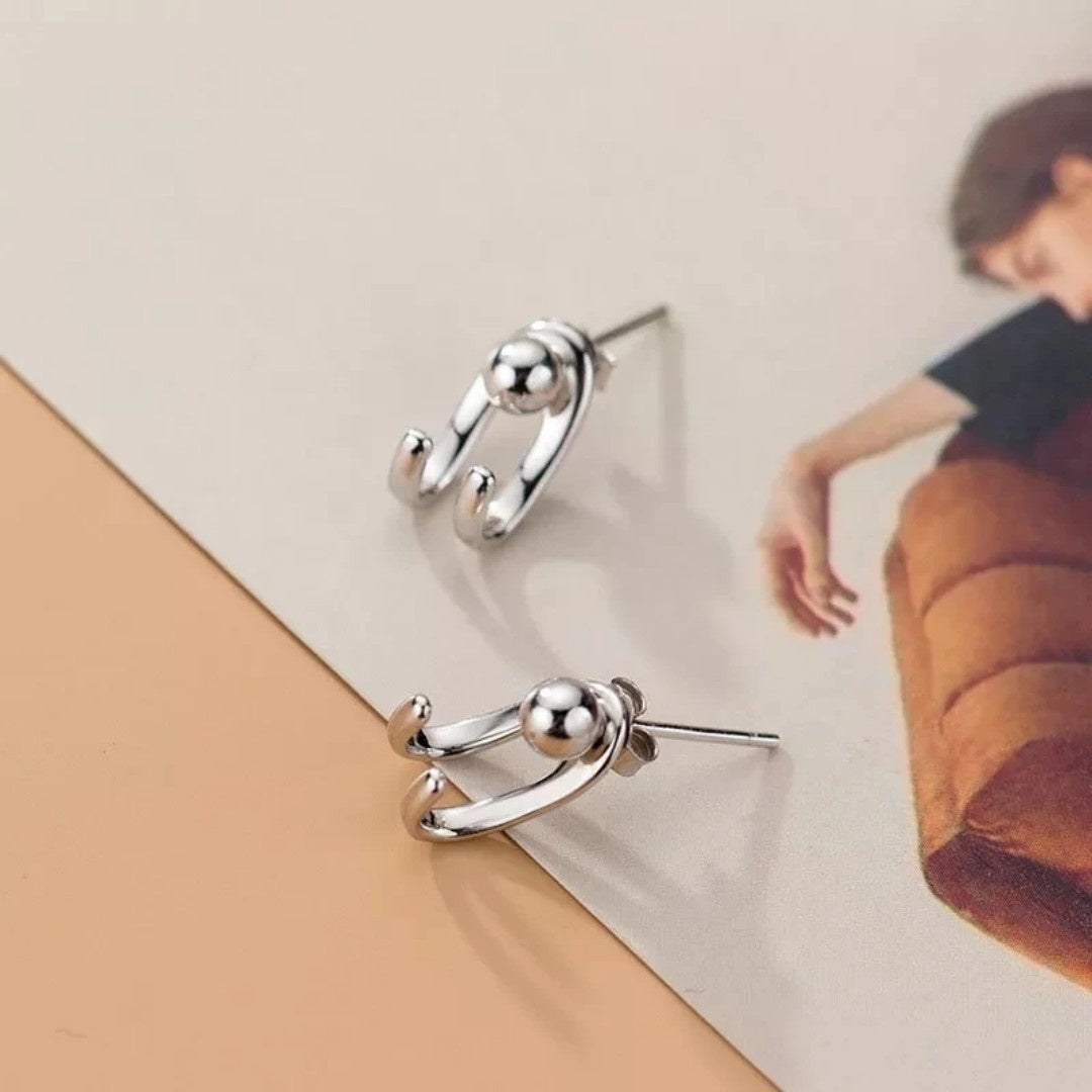 YU Fashions Needle Hanging Double Hook Line Light Bead C Shaped Silver Geometric Joker Neutral Celebrity Inspired Korean earrings Pair