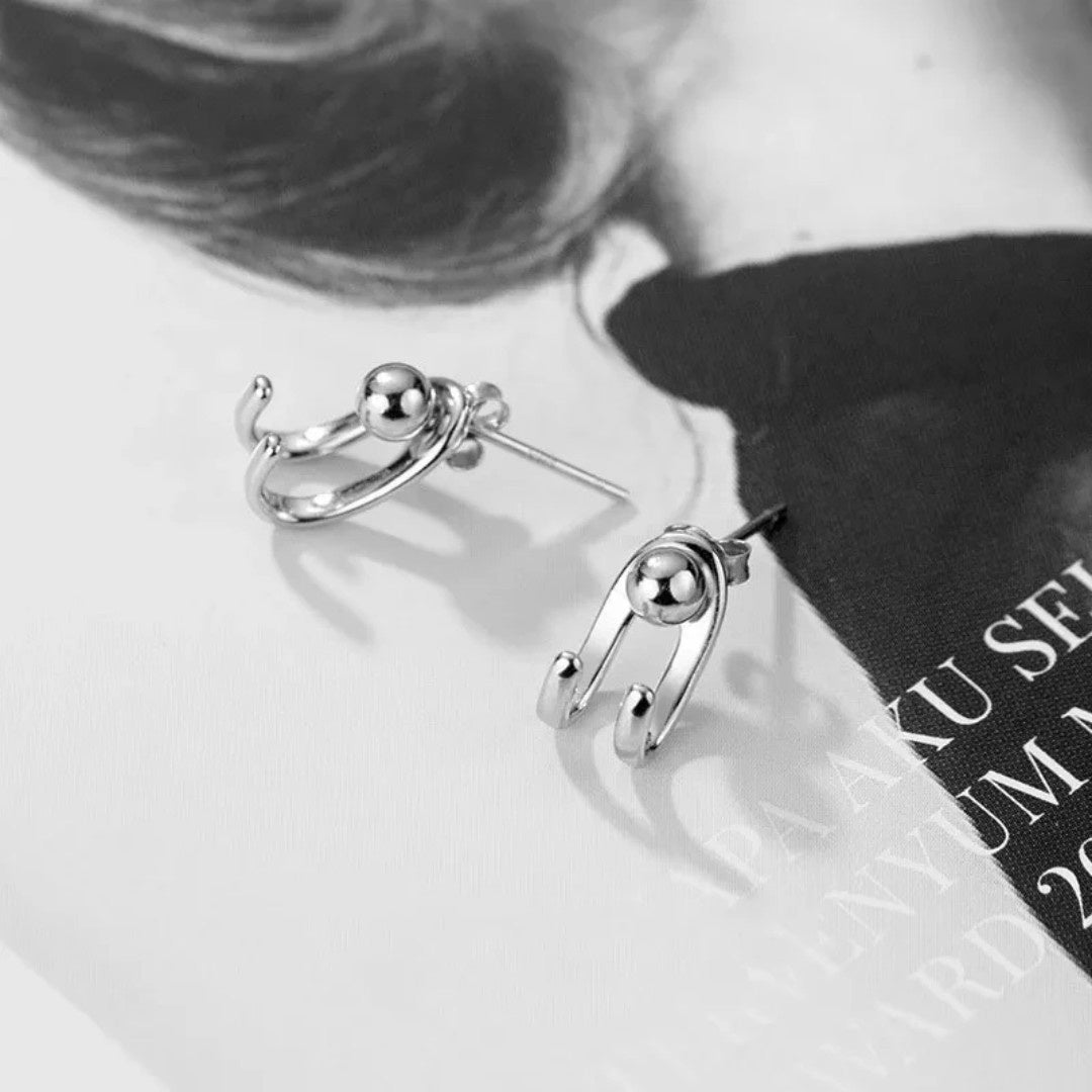 YU Fashions Needle Hanging Double Hook Line Light Bead C Shaped Silver Geometric Joker Neutral Celebrity Inspired Korean earrings Pair