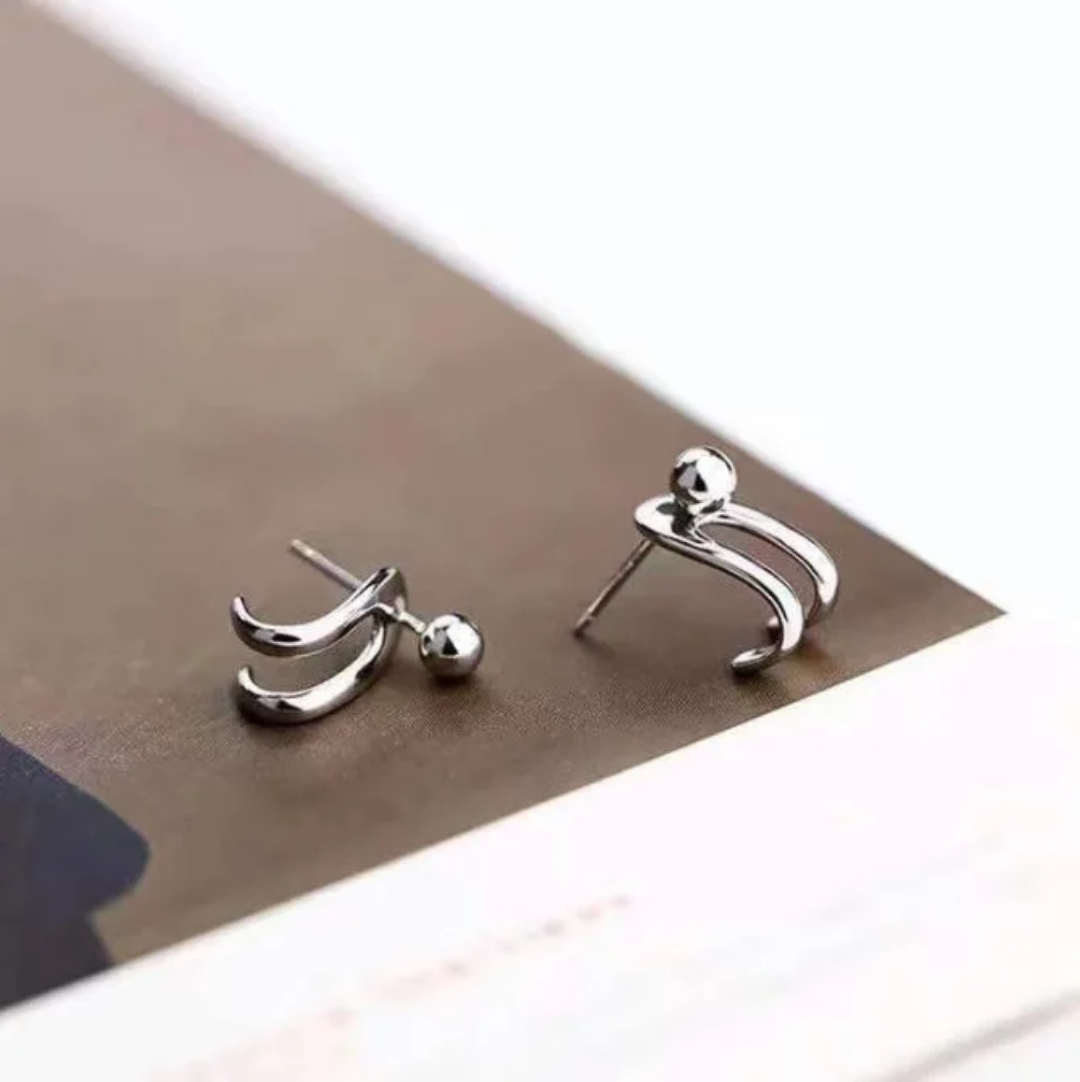 YU Fashions Needle Hanging Double Hook Line Light Bead C Shaped Silver Geometric Joker Neutral Celebrity Inspired Korean earrings Pair