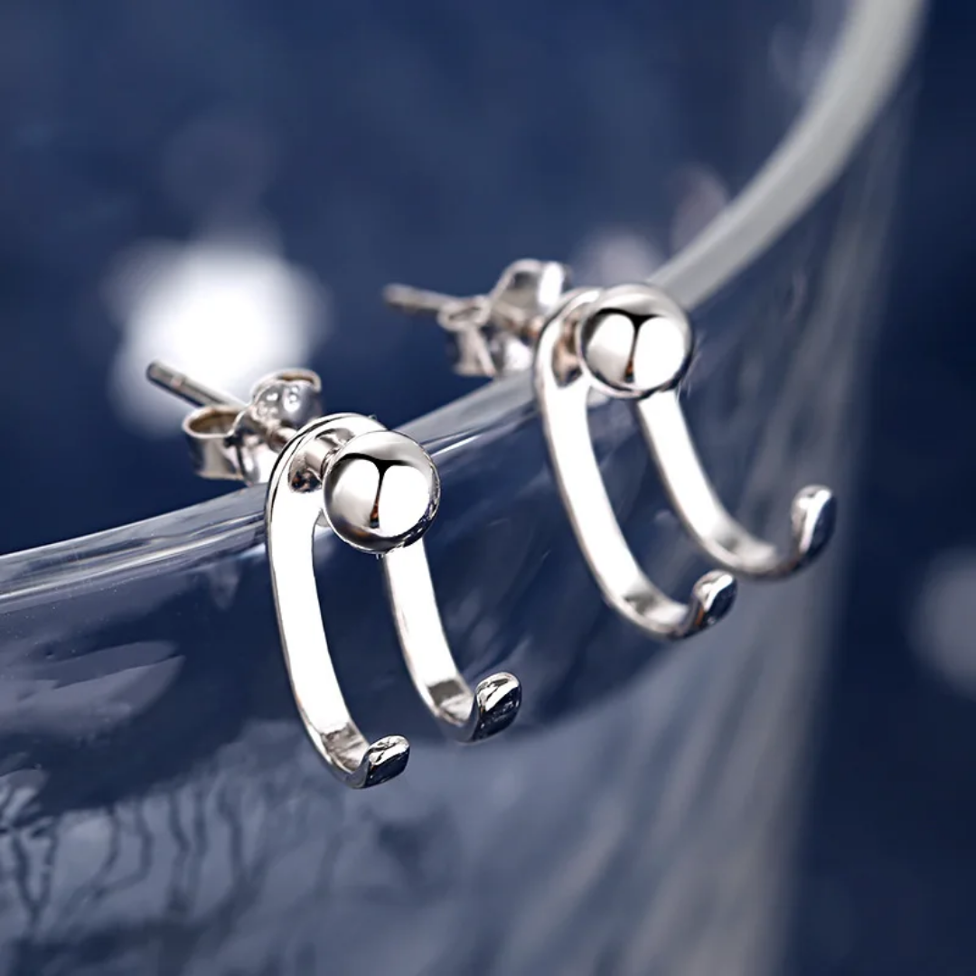 YU Fashions Needle Hanging Double Hook Line Light Bead C Shaped Silver Geometric Joker Neutral Celebrity Inspired Korean earrings Pair