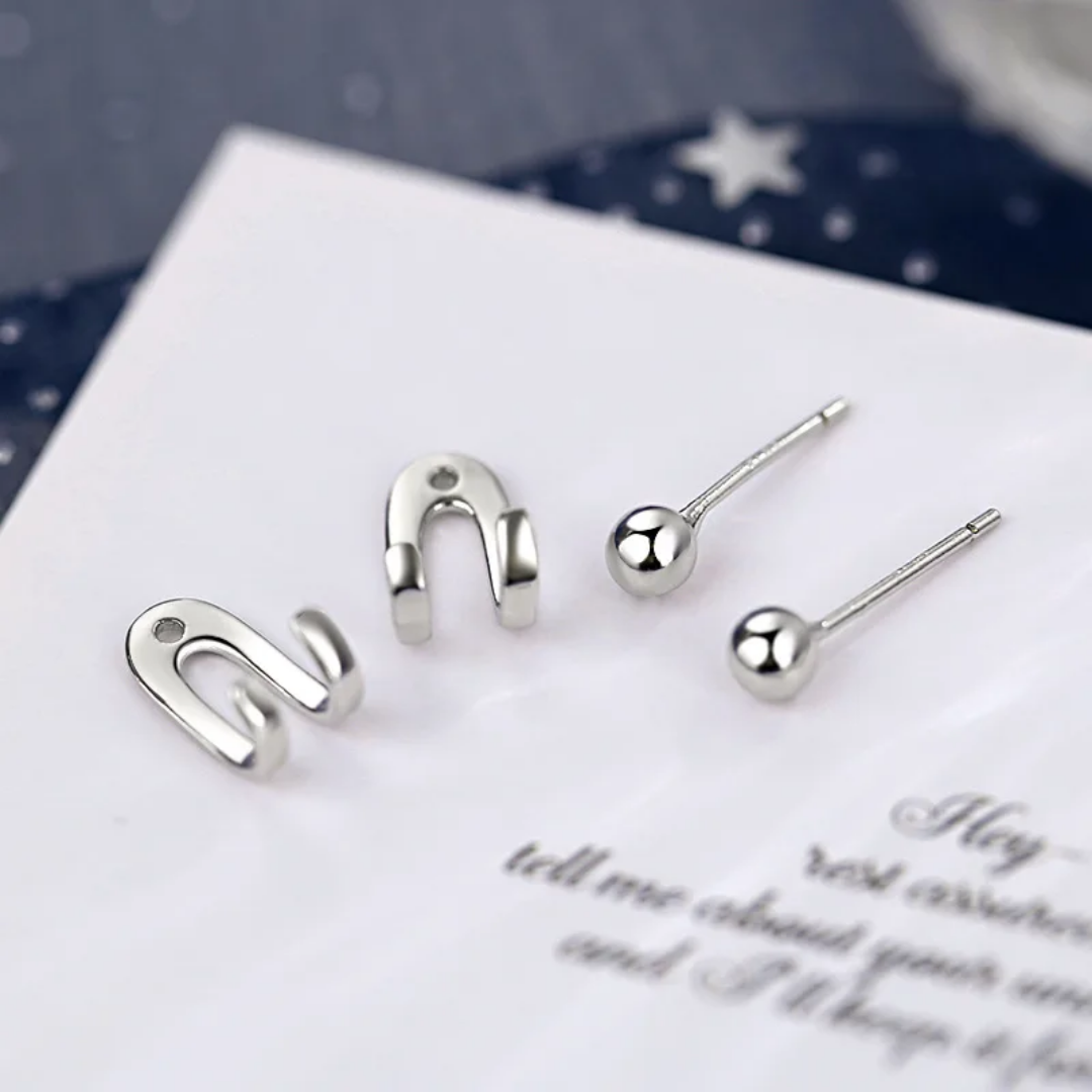 YU Fashions Needle Hanging Double Hook Line Light Bead C Shaped Silver Geometric Joker Neutral Celebrity Inspired Korean earrings Pair
