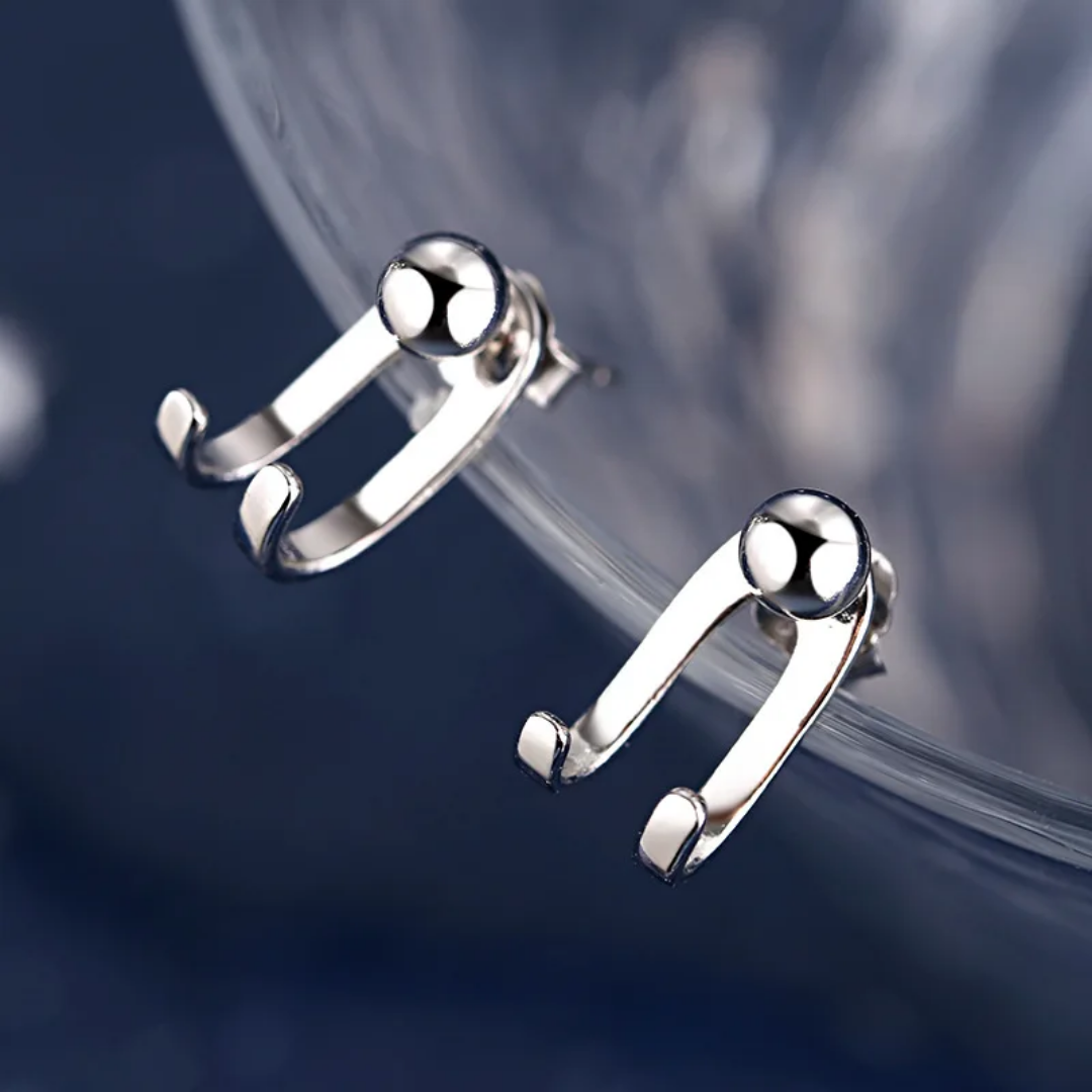 YU Fashions Needle Hanging Double Hook Line Light Bead C Shaped Silver Geometric Joker Neutral Celebrity Inspired Korean earrings Pair
