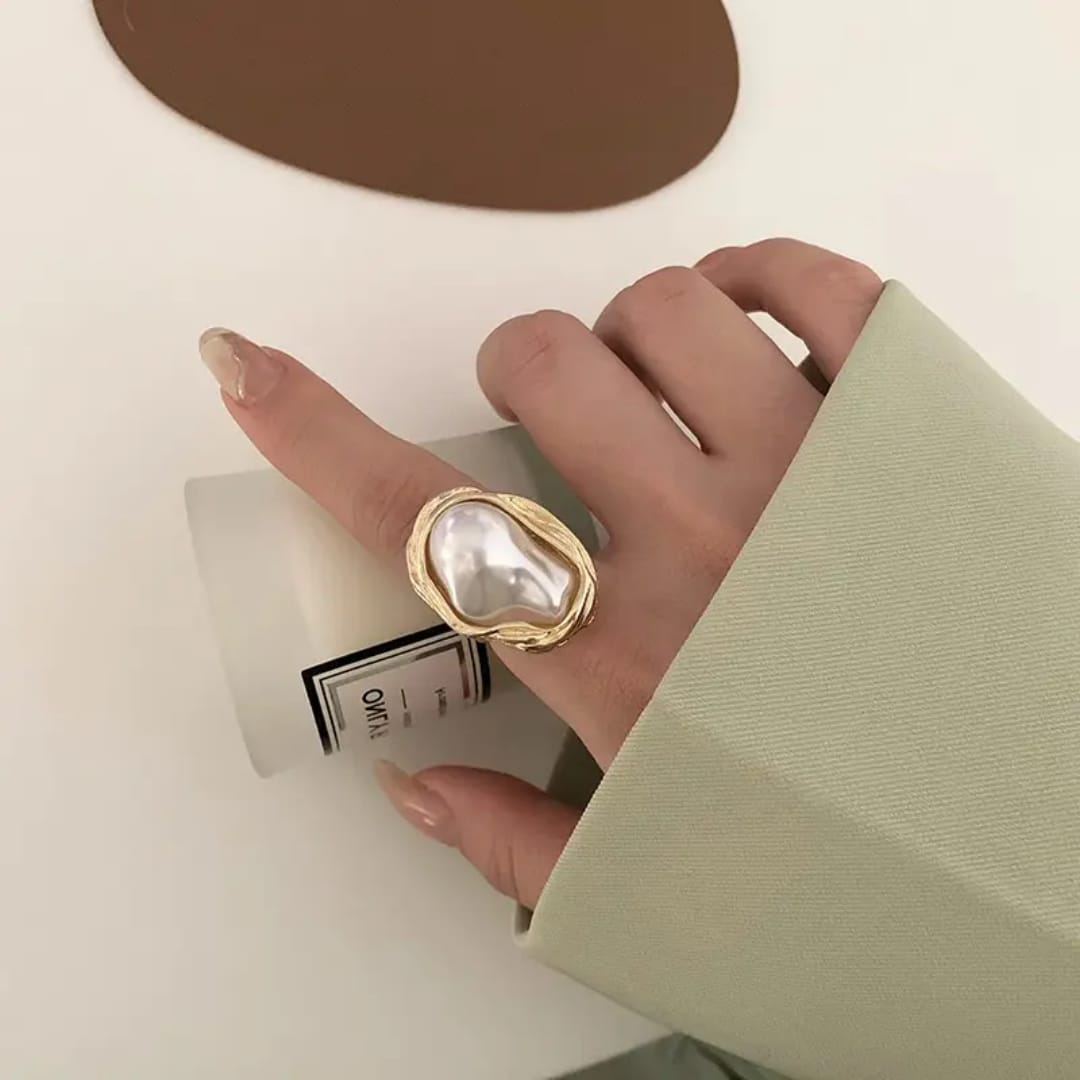 Yu Fashions Big Melted Irregular Twisted Geometric Boho Adjustable Metallic Pearl Vintage Classy Korean Ring
