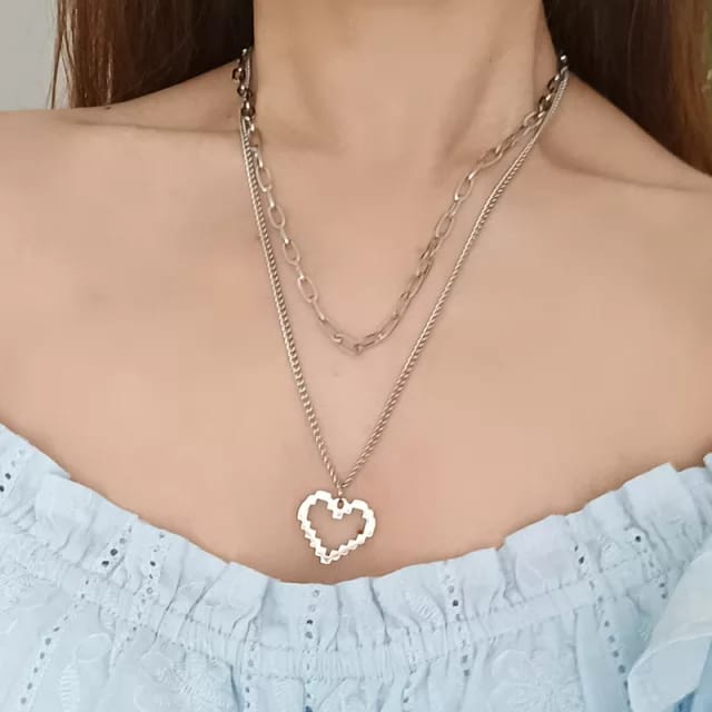 Yu Fashions Silver Geometrical Heart Pendent 2 layered Necklace Chain