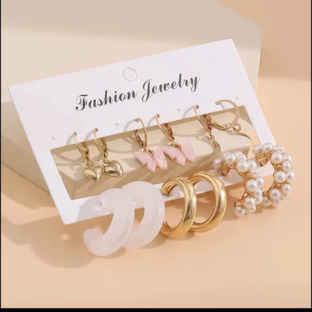 Stylish Pearl Moon Star Heart Golden White Acrylic Hoop Earrings Set of 6 Pair For Women