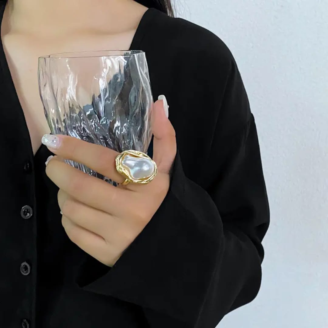 Yu Fashions Big Melted Irregular Twisted Geometric Boho Adjustable Metallic Pearl Vintage Classy Korean Ring