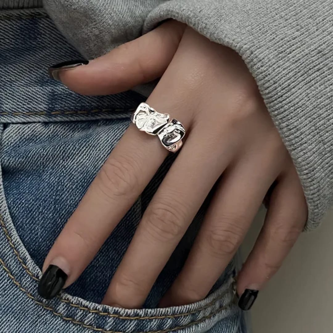 Yu Fashions Melted Metallic Fold Geometrical Adjustable Korean Ring
