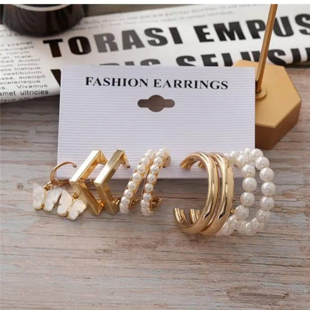 Yu Fashions White Pearl Square Korean Earrings Pair of 5