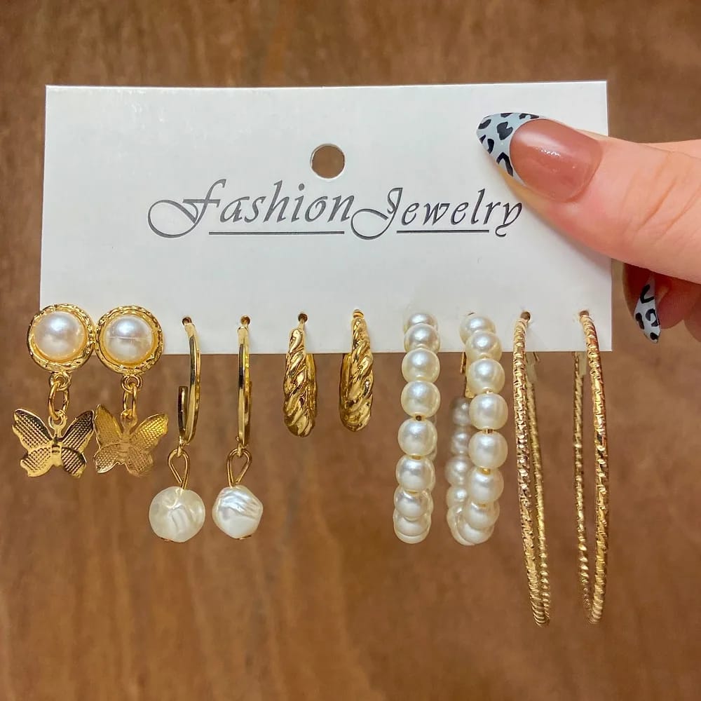 Stylish golden Hoops Pearl Butterfly drop Stud Earrings Set of 5 Pairs For Women