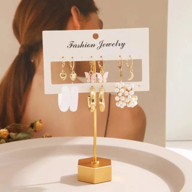 Stylish Pearl Moon Star Heart Golden White Acrylic Hoop Earrings Set of 6 Pair For Women