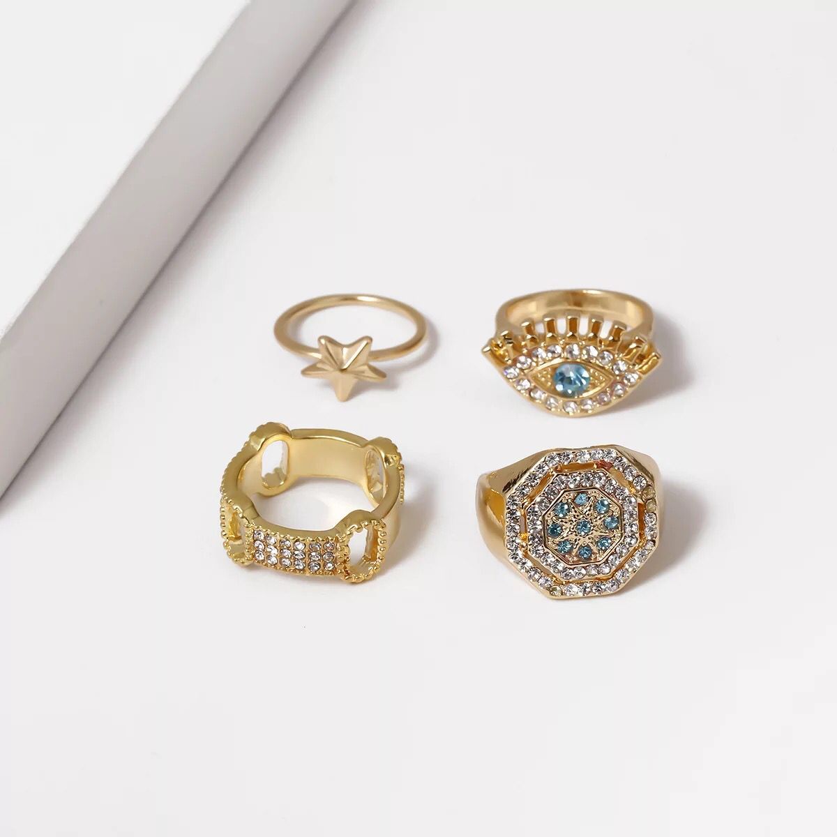 Yu Fashions Gold Turkish Eye Stone Ring Set of 4