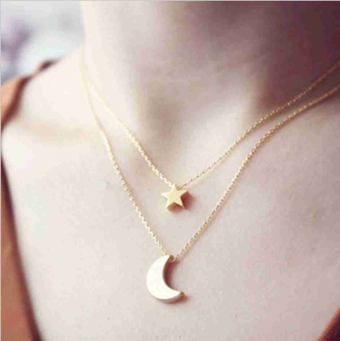 Yu Fashions Moon & Star Minimal Pendent 2 layered Necklace Chain