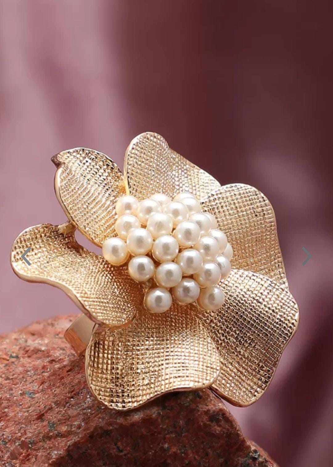 Yu Fashions Pearl Big Flower Golden Creative Vintage Open Adjustable Korean Ring