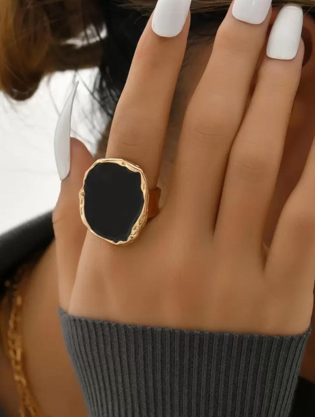 Yu Fashions Big Black Golden Boho Metallic High Fashion Korean Ring