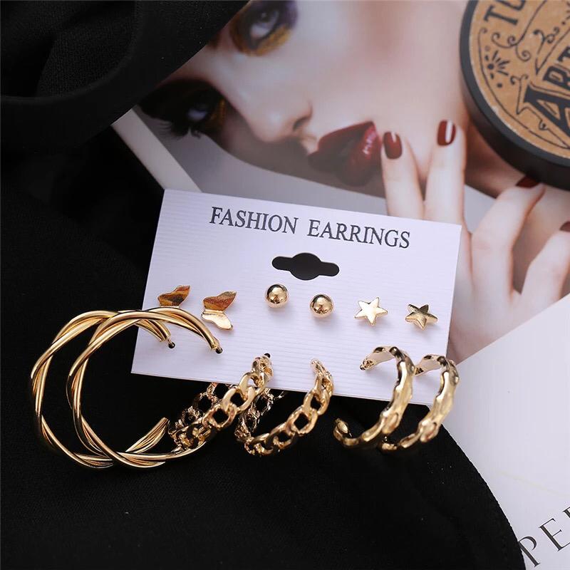 Stylish Golden Hoops Studs Earrings Set of 6 Pairs For Women