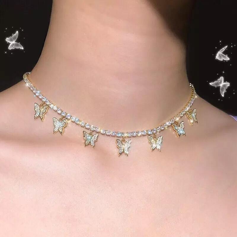 Yu Fashions Butterfly Rhinestone Charm Korean Necklace