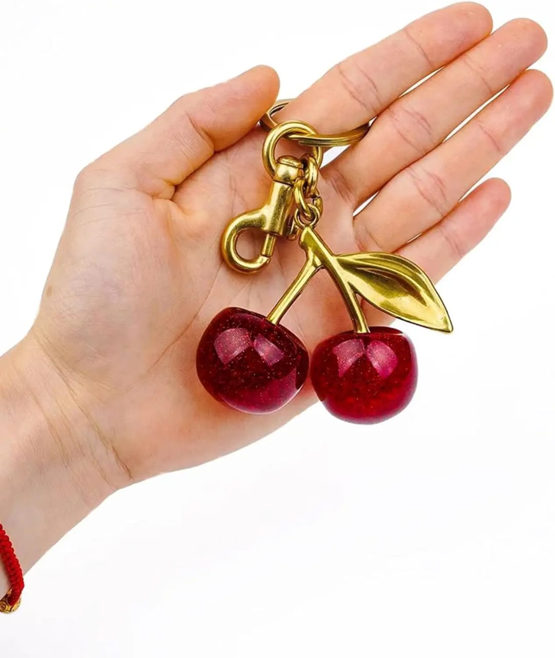 YU Fashions Luxe Cherry KeyChain Pop Bag Charm | Glitter Red Cherries with Golden Leaf | Cute Designer Purse Accessory