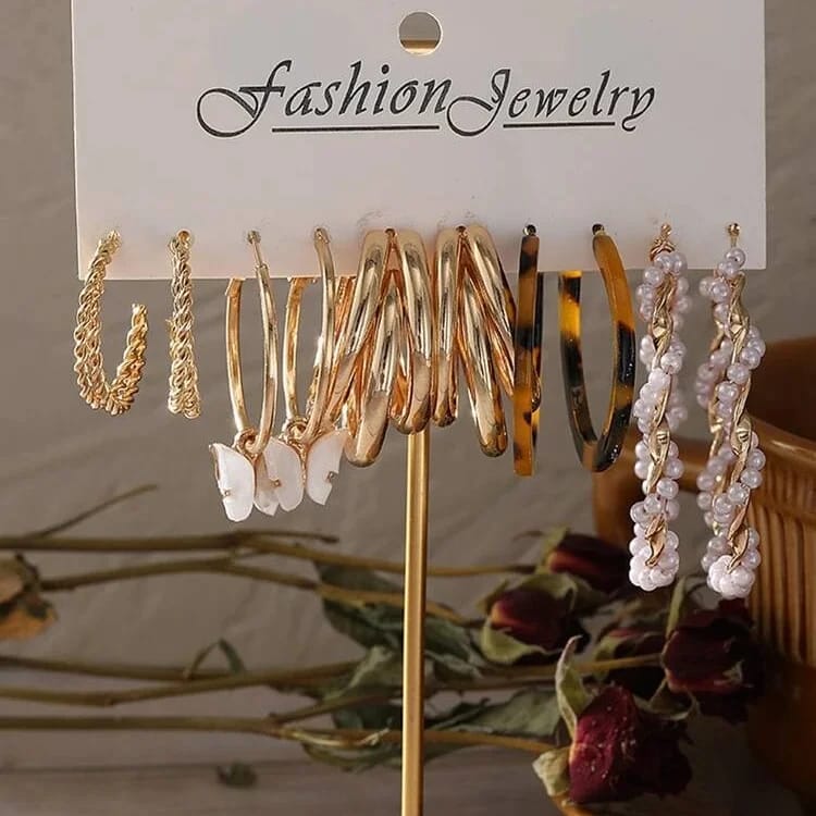 Stylish Animal Print Acrylic Golden Pearl Hoop Butterfly Earring Set of 5 Pairs For Women