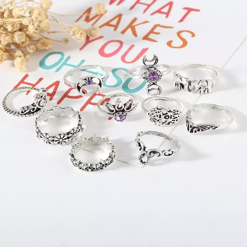 Yu Fashions Purple Crescent Moon Flower Link Boho Korean Silver Ring Set of 10