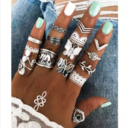 Yu Fashions Butterfly Tribal Ring Set of 14