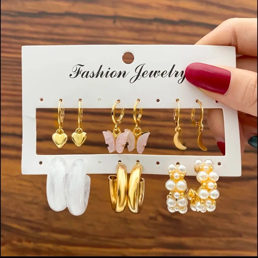 Stylish Pearl Moon Star Heart Golden White Acrylic Hoop Earrings Set of 6 Pair For Women
