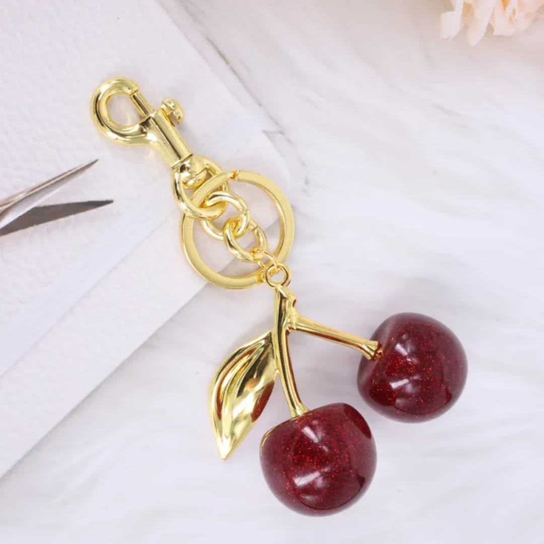 YU Fashions Luxe Cherry KeyChain Pop Bag Charm | Glitter Red Cherries with Golden Leaf | Cute Designer Purse Accessory