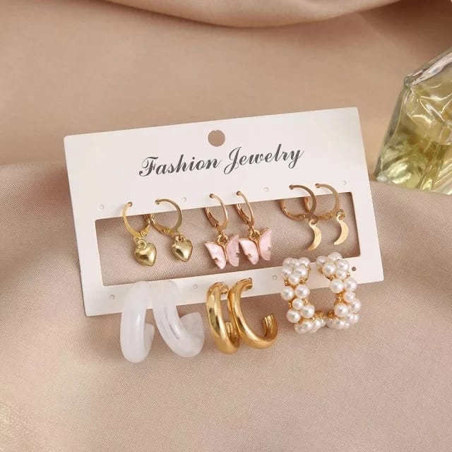 Stylish Pearl Moon Star Heart Golden White Acrylic Hoop Earrings Set of 6 Pair For Women