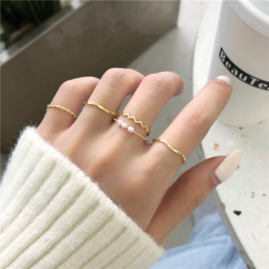 Yu Fashions Minimal Pearl Korean Ring Set of 5