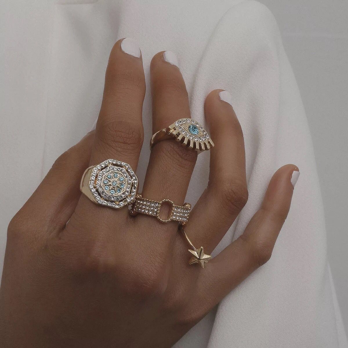 Yu Fashions Gold Turkish Eye Stone Ring Set of 4