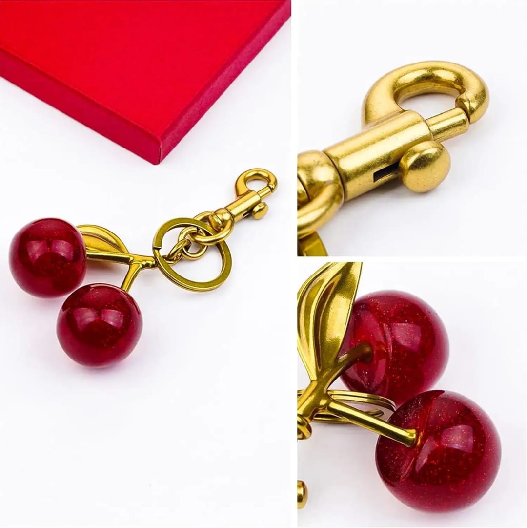 YU Fashions Luxe Cherry KeyChain Pop Bag Charm | Glitter Red Cherries with Golden Leaf | Cute Designer Purse Accessory