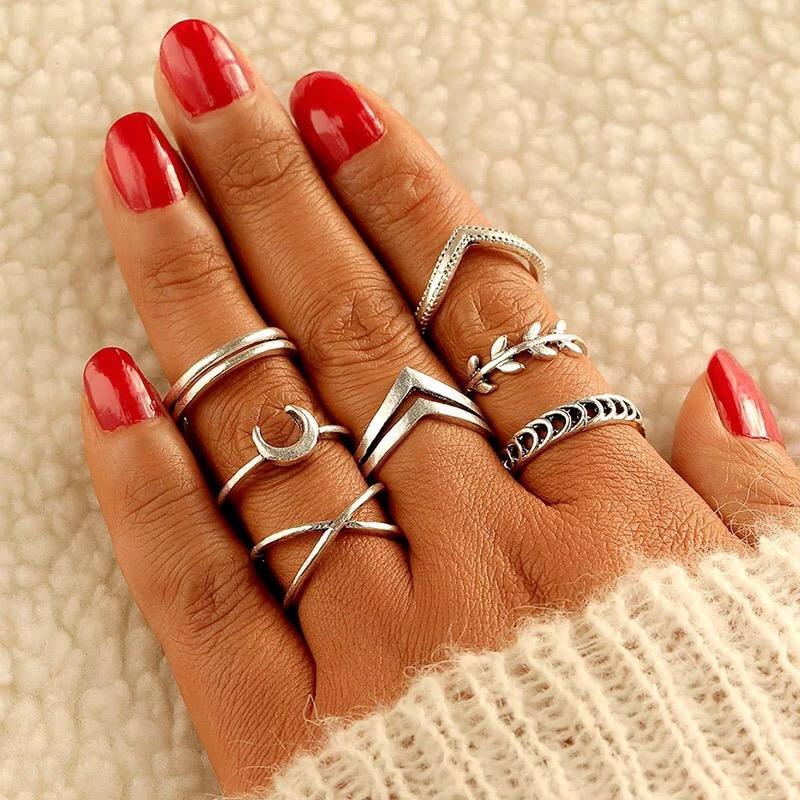 Yu Fashions Crescent Moon Silver Ring Set of 7