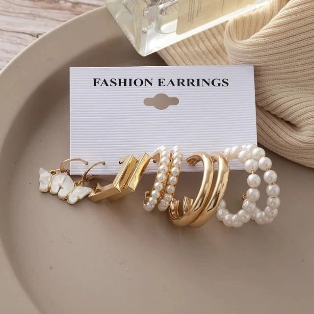 Yu Fashions White Pearl Square Korean Earrings Pair of 5