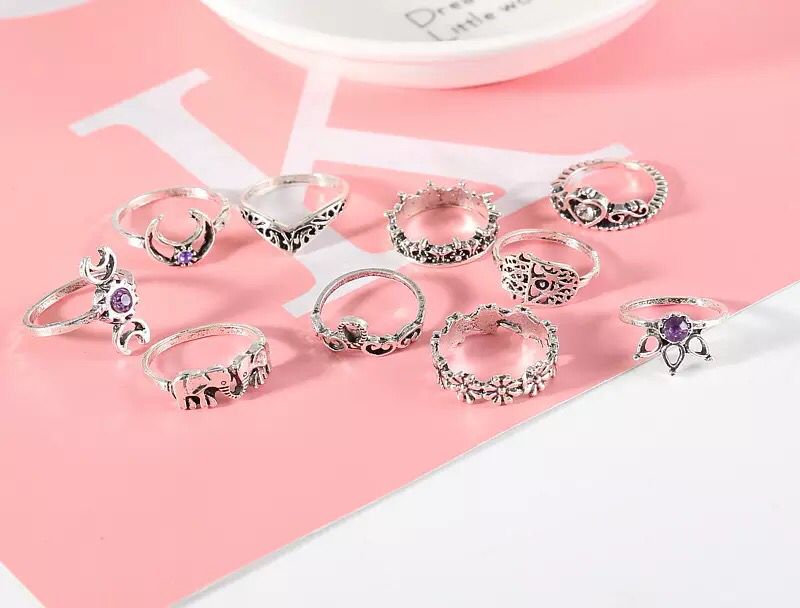 Yu Fashions Purple Crescent Moon Flower Link Boho Korean Silver Ring Set of 10