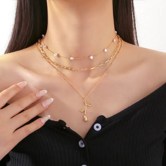 YU Fashions Multilayered Pearl Link Chain Rose Pendent High Fashion Korean Necklace