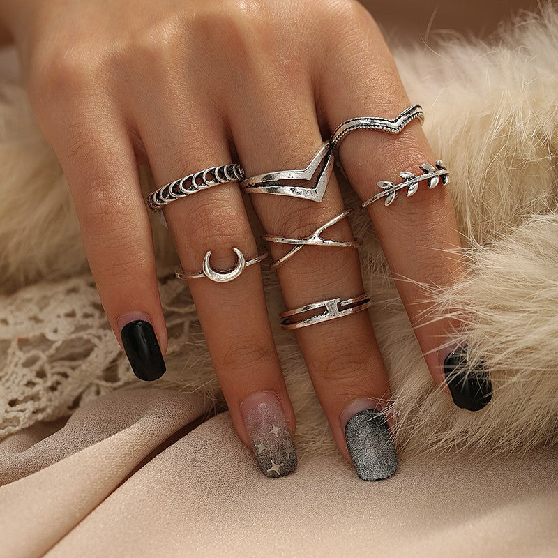 Yu Fashions Crescent Moon Silver Ring Set of 7