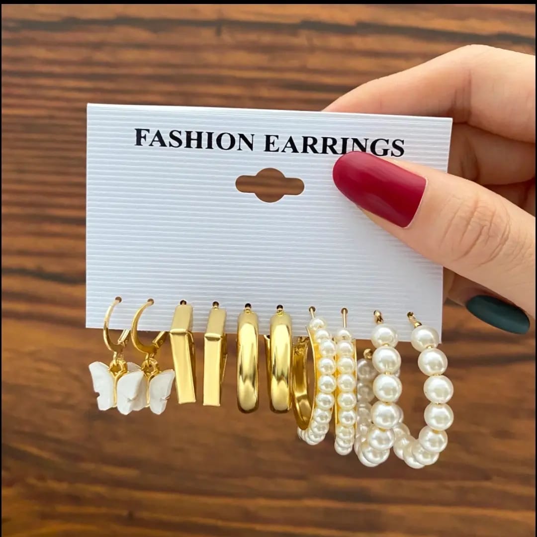 Yu Fashions White Pearl Square Korean Earrings Pair of 5