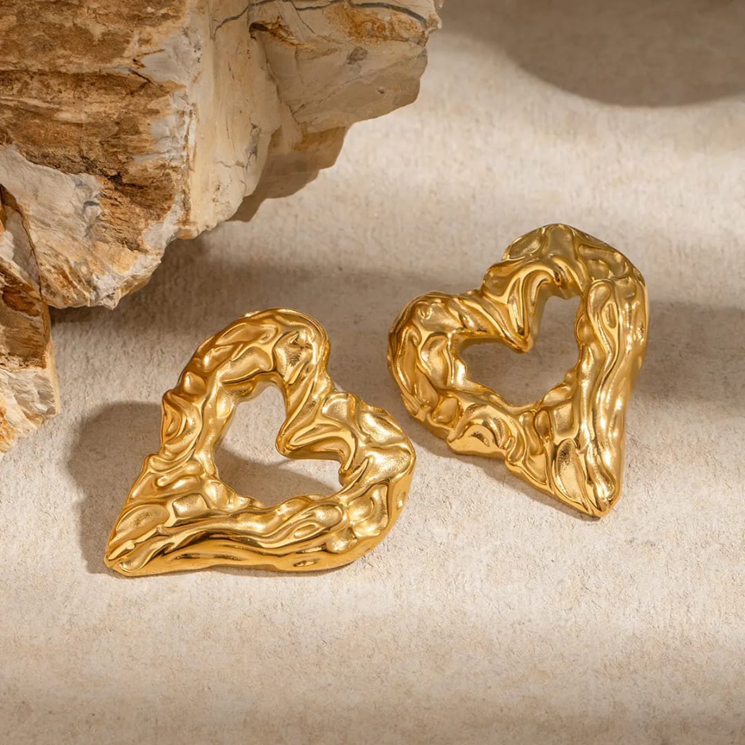 Yu Fashions Heart Melted Lava Texture Geometrical Water Resistant Golden High Fashion Korean Statement Earring
