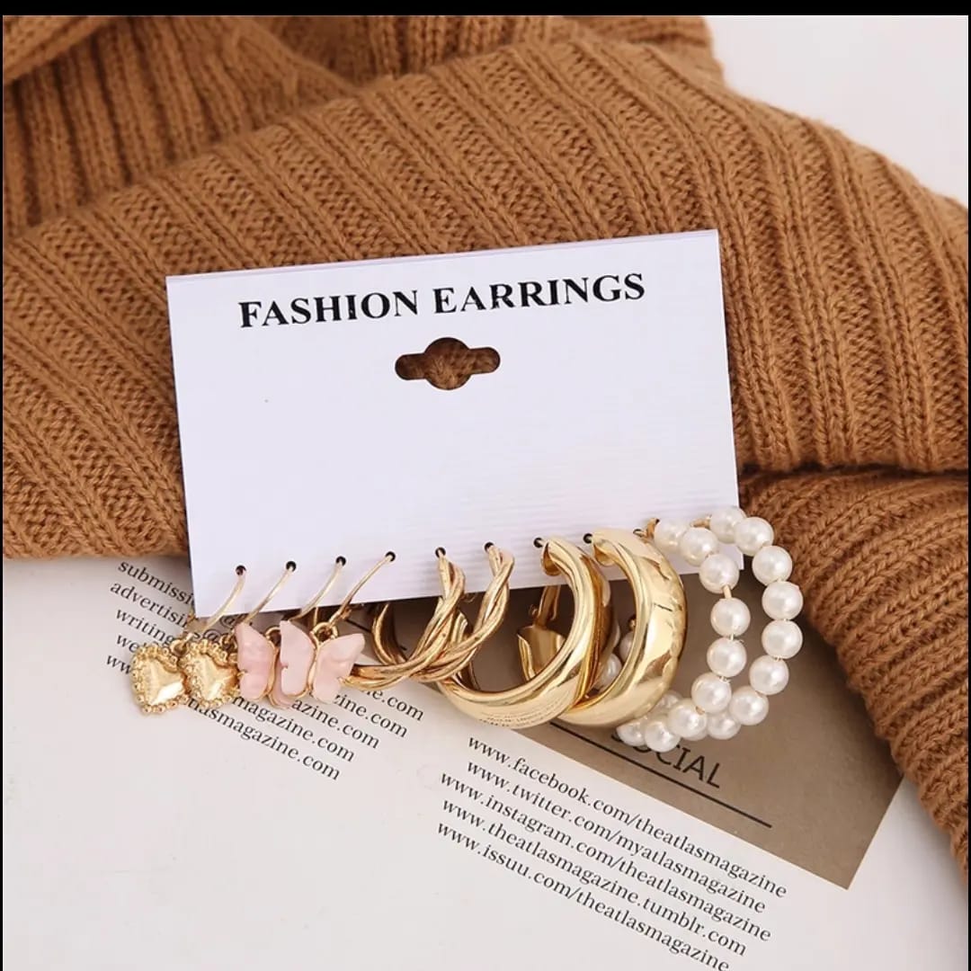 Stylish Trendy Cute Butterfly Golden Heart Pearl Hoop Earrings Set of 5 Pairs For Women