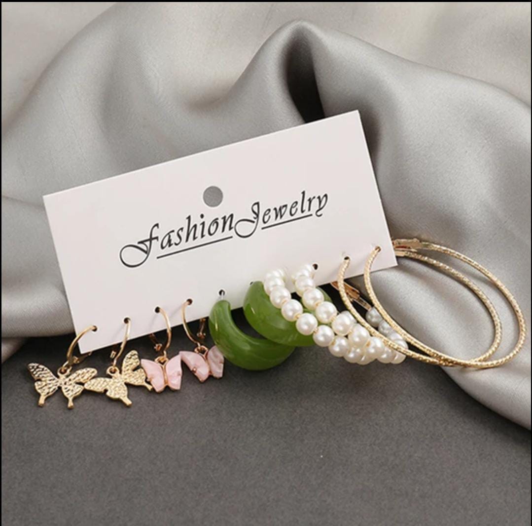 Stylish Trendy Cute Butterfly Green Golden Pearl Hoop Earrings Set of 5 Pairs For Women