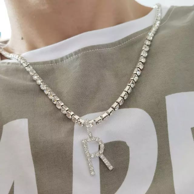 Yu Fashions Rhinestone Alphabet Name Initial Pendent Necklace Tennis Chain