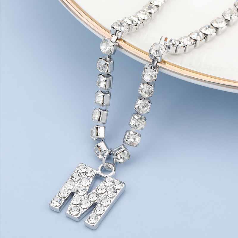 Yu Fashions Rhinestone Alphabet Name Initial Pendent Necklace Tennis Chain